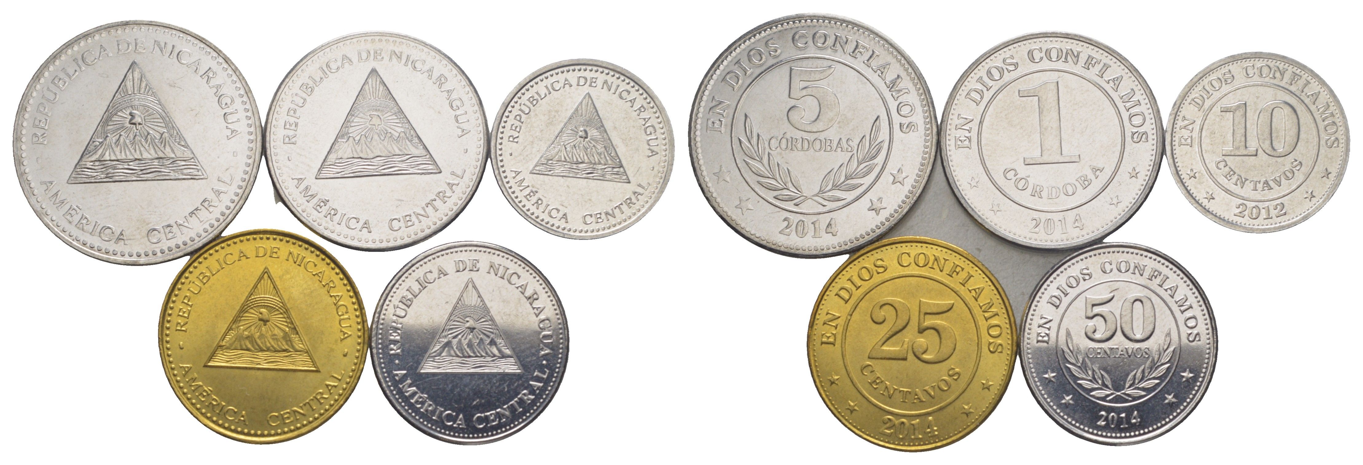 Никарагуа набор из 5 монет (10, 25 и 50 сентаво; 1 и 5 кордоб) 2012-2014 KM 88b, 90s, 101, 104 и 105 UNC 4641-511-515