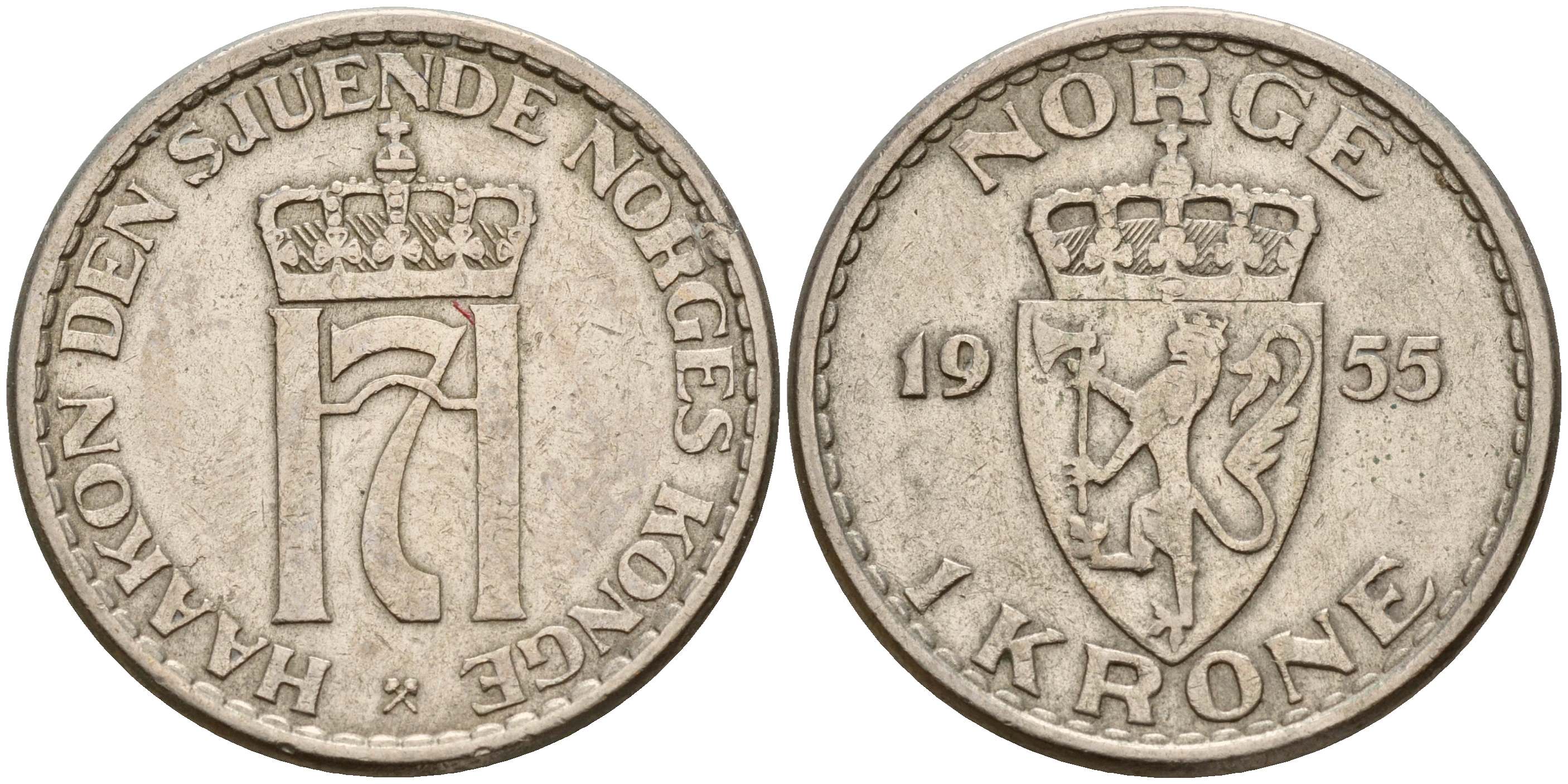 Норвегия 1 крона 1955 Хокон VII (1905-1957) KM 397 медно-никель    4601-1027