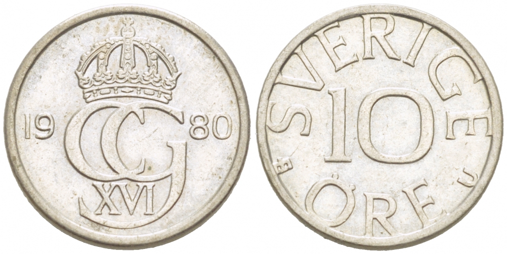Швеция 10 эре 1980 Карл XVI Густав (1973- ) KM 850 медно-никель 3955-344