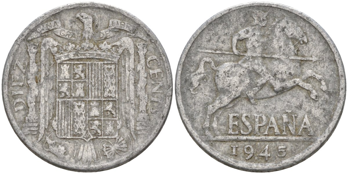 Испания 10 сентимо 1945 Франсиско Франко (1939 - 1975) KM 766 алюминий 4155-232