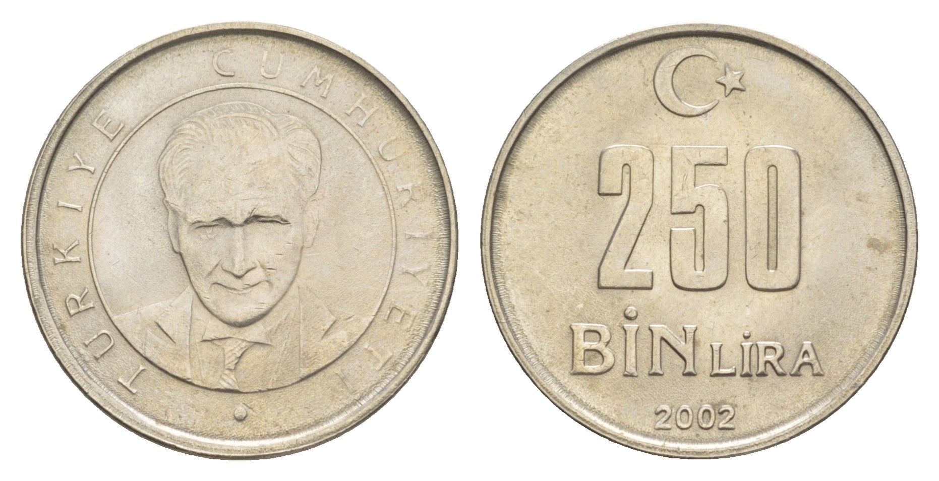Турция 250000 лир 2002 Кемаль Ататюрк KM 1137 медь цинк никель 4648-1227