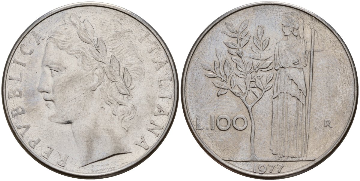 Италия 100 лир 1977 R, Афина у оливкого дерева KM 96.1 нержавеющая сталь 32-1111