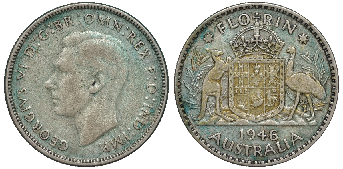 Австралия 1 флорин 1946 Георг VI (1936-1952), герб Австралии KM 40а серебро    91-1015