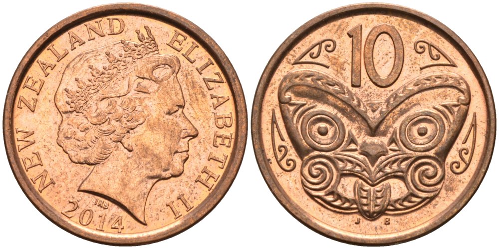Новая Зеландия 10 центов 2014 маска Маори, Елизавета II (1952-) KM 117а сталь плакированная медью 73-1045