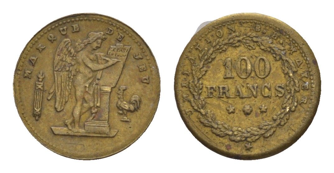 Франция игровой жетон в 100 франков ND диаметр 17,25 мм, вес 0,7 гр латунь 4651-1231