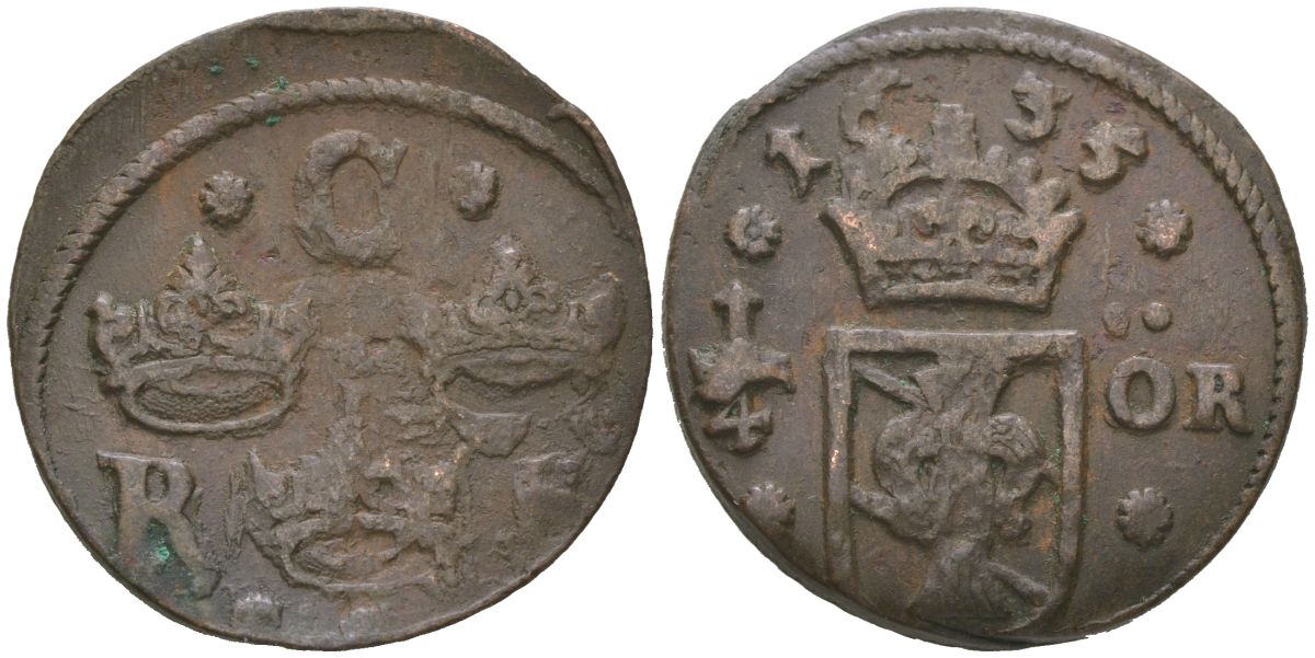 Швеция 1/4 эре 1635 Кристина (1632-1654) KM 152 медь 4171-1221