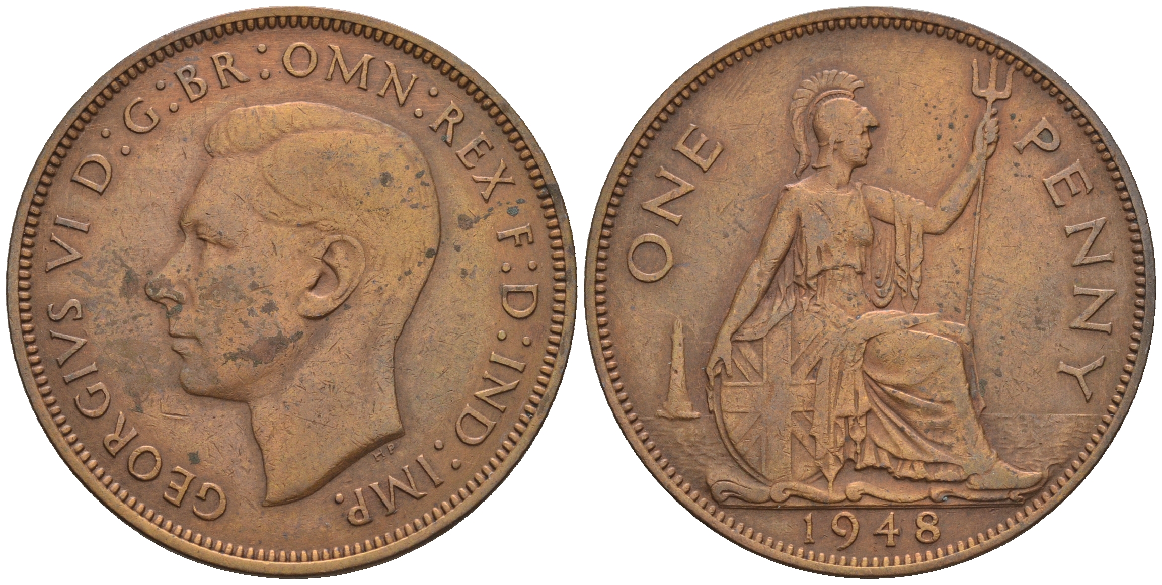 Великобритания 1 пенни 1948 Георг VI (1936-1952) KM 845, Spink 4114 бронза 4607-1244