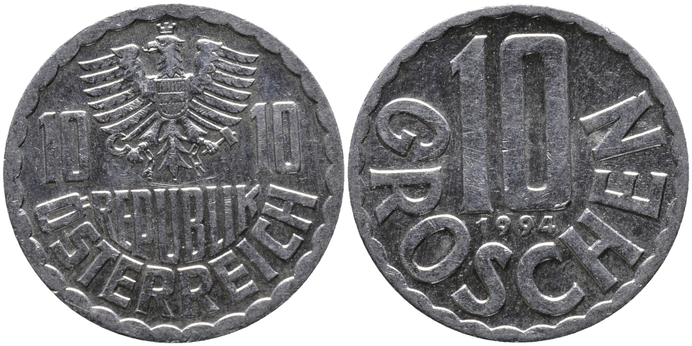 АВСТРИЯ 10 ГРОШЕЙ 1994 KM 2878 алюминий 33-334