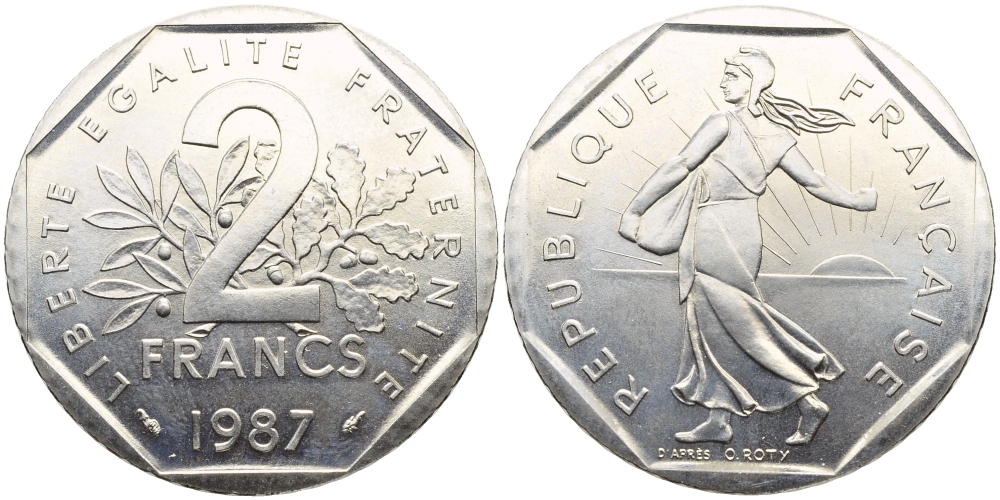 Франция 2 франка 1987 сеятель, тираж 92967 экземпляров KM 942.1 никель  UNC  1530-1341