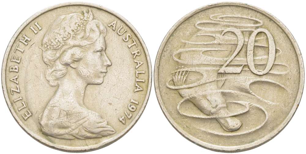 Австралия 20 центов 1974 Елизавета II (1952-2022), утконос KM 66 медно-никель 4521-125