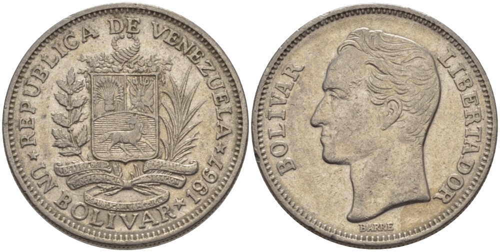 Венесуэла 1 боливар 1967 Симон Боливар KM 42 никель 31-524