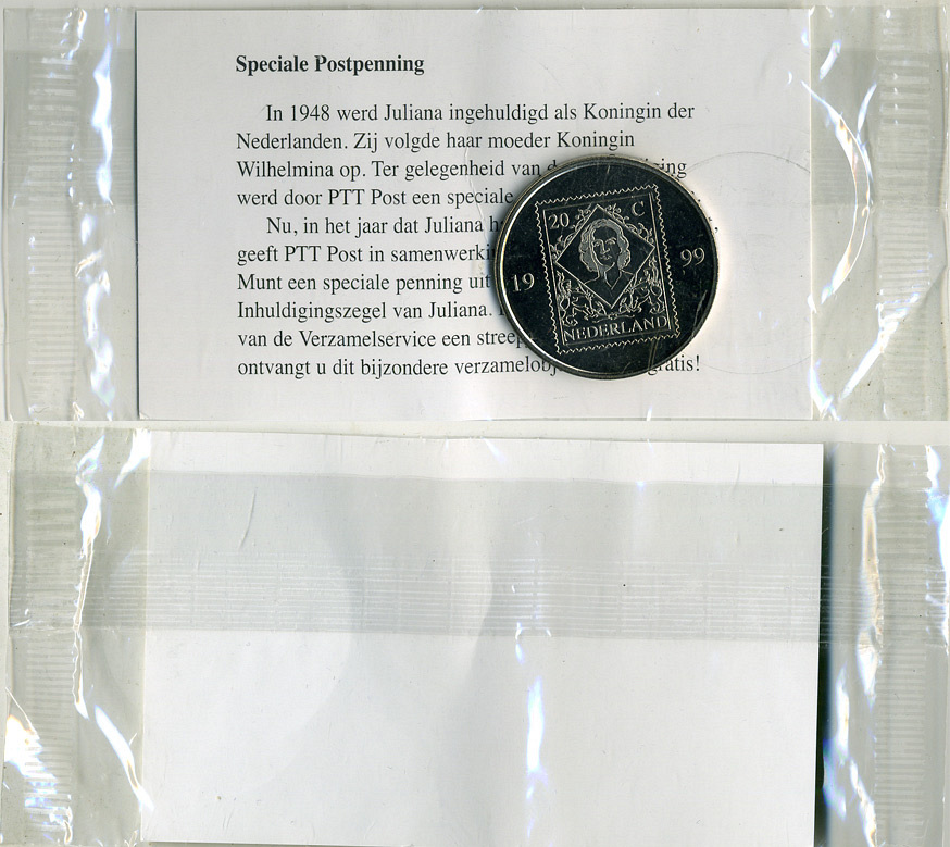 Нидерланды жетон постпфенниг 1999 50 лет первой почтовой марке с Юлианой, запайка, диаметр 30 мм. медно-никель UNC 1-6-1-11