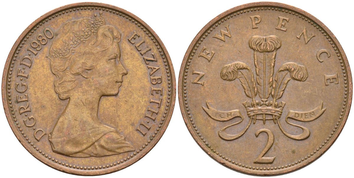 Великобритания 2 пенса 1980 Елизавета II (1952-2022) KM 916, Spink 4235 (C1) бронза 4593-834