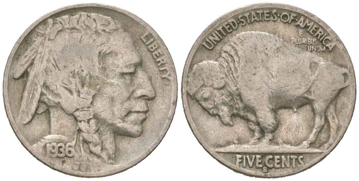 США 5 центов 1936 S, индеец, бизон KM 134 медно-никель 4614-1248