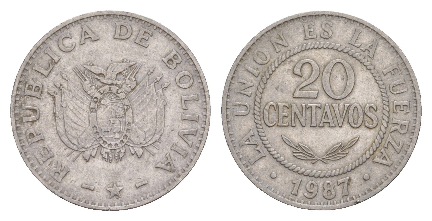 Боливия 20 сентаво 1987 KM 203 нержавеющая сталь 4649-839