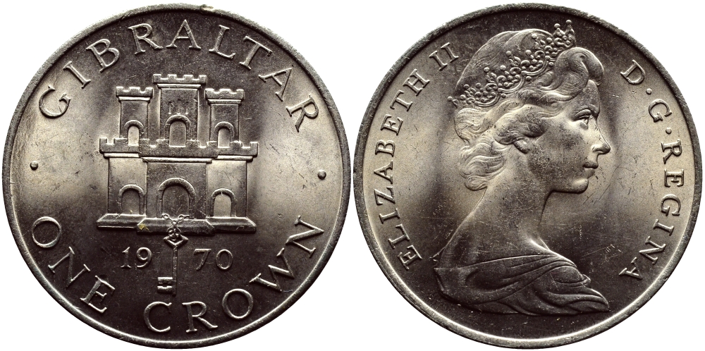 Гибралтар 1 крона 1970 Елизавета II (1952-2022), старый замок KM 4 медно-никель UNC 74-813