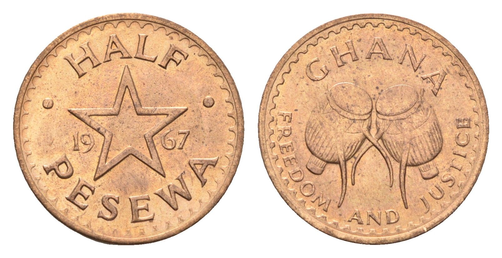 Гана 1/2 песевы 1967 KM 12 бронза UNC 4668-614