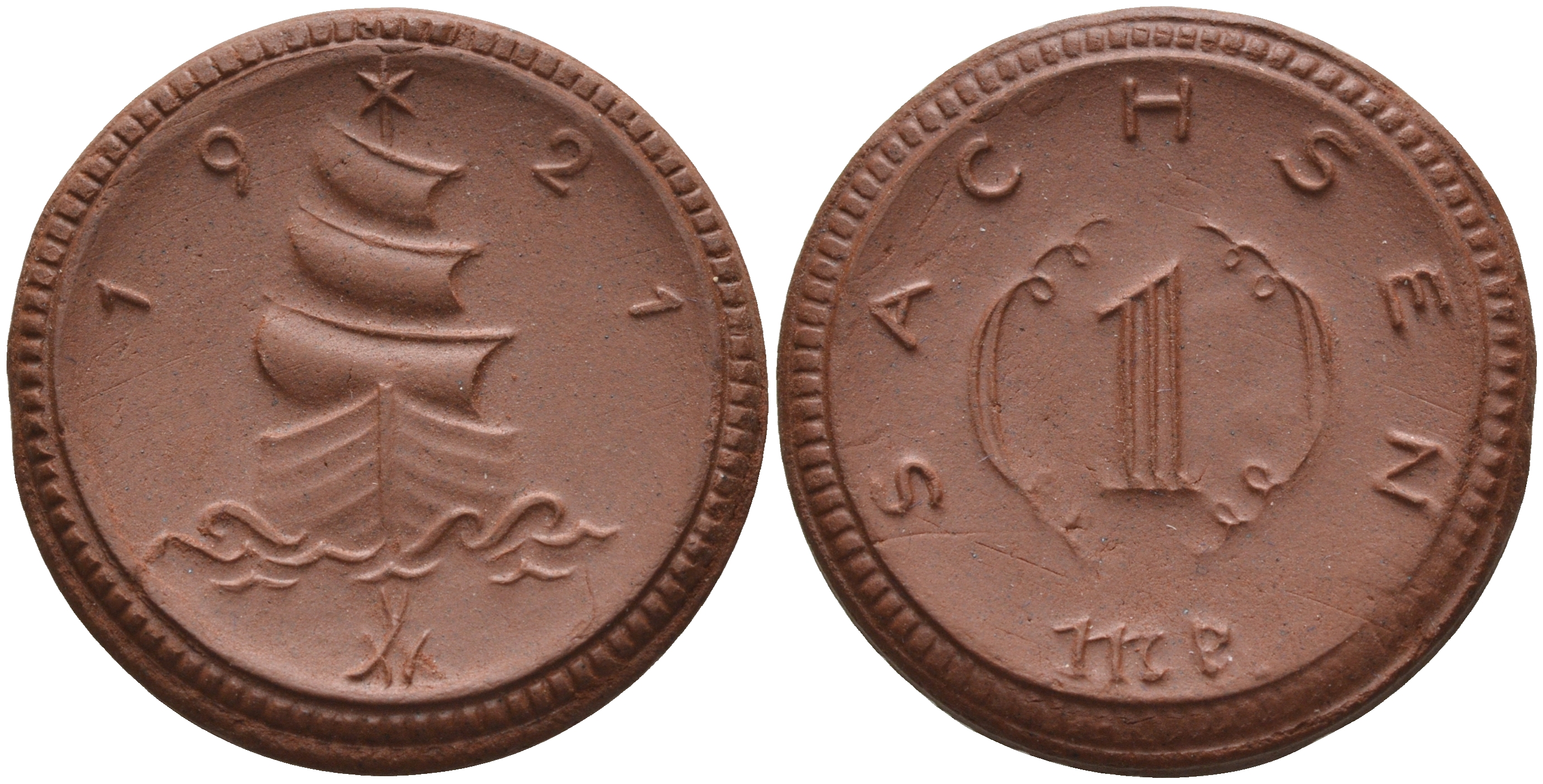 Саксония 1 марка 1921 парусник J. N 55 фарфор 1094-4-45