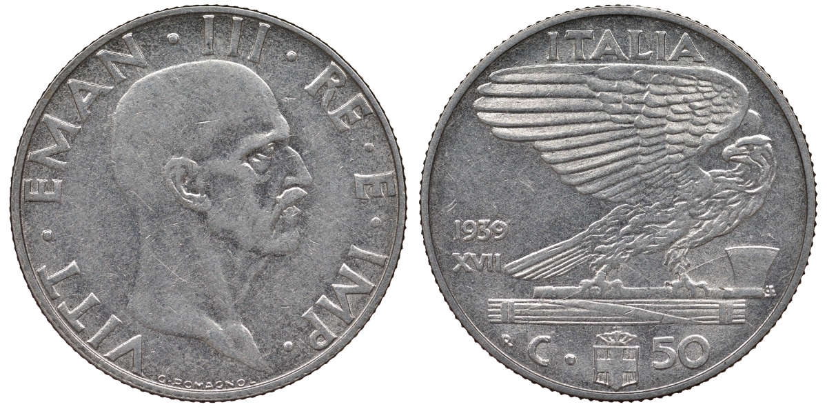 ИТАЛИЯ 50 ЧЕНТЕЗИМО 1939 R, XVII ГОД, НЕ МАГНИТНАЯ KM 76а сталь 62-713