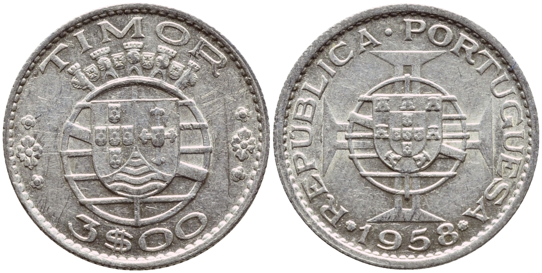 Португальский Тимор 3 эскудо 1958 год тип KM 14 серебро aUNC 63-324