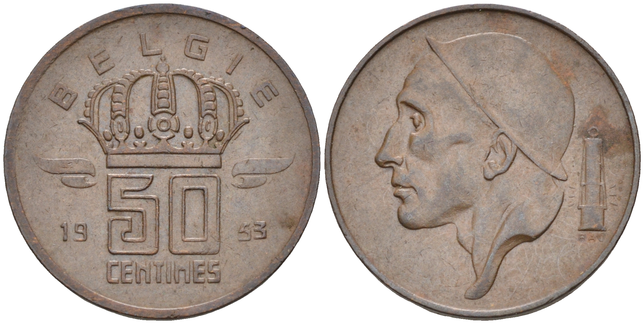 БЕЛЬГИЯ 50 САНТИМОВ 1953 BELGIE KM 145 бронза 4588-468