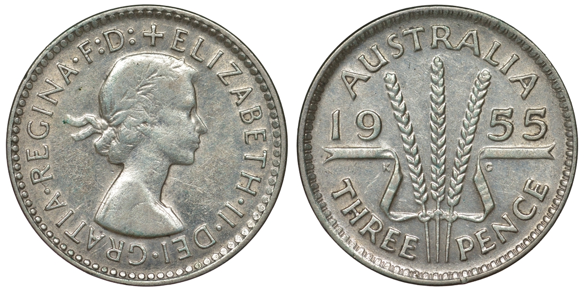 Австралия 3 пенса 1955 m, Елизавета II (1952-2022) KM 57 серебро 71-429