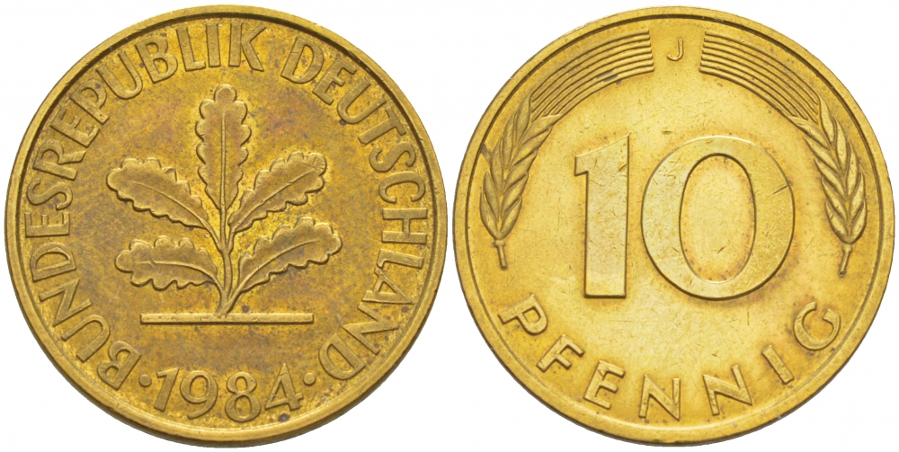 ФРГ 10 ПФЕННИГОВ 1984 J KM 108, J.383 сталь плакированная латунью 3718-831