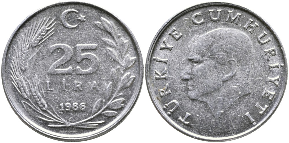 ТУРЦИЯ 25 ЛИР 1986 KM 975 алюминий 29-935