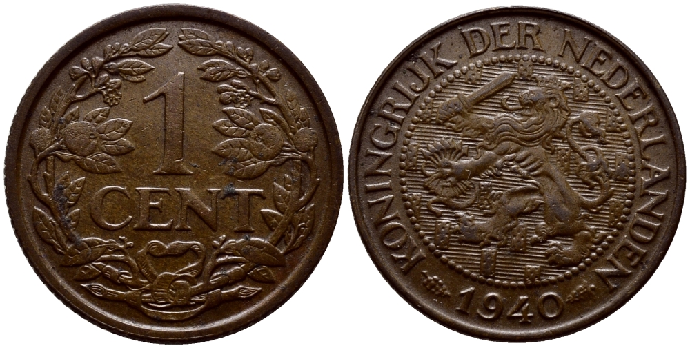 НИДЕРЛАНДЫ 1 ЦЕНТ 1940 ВИЛЬГЕЛЬМИНА (1890-1948) KM 152 бронза 46-215