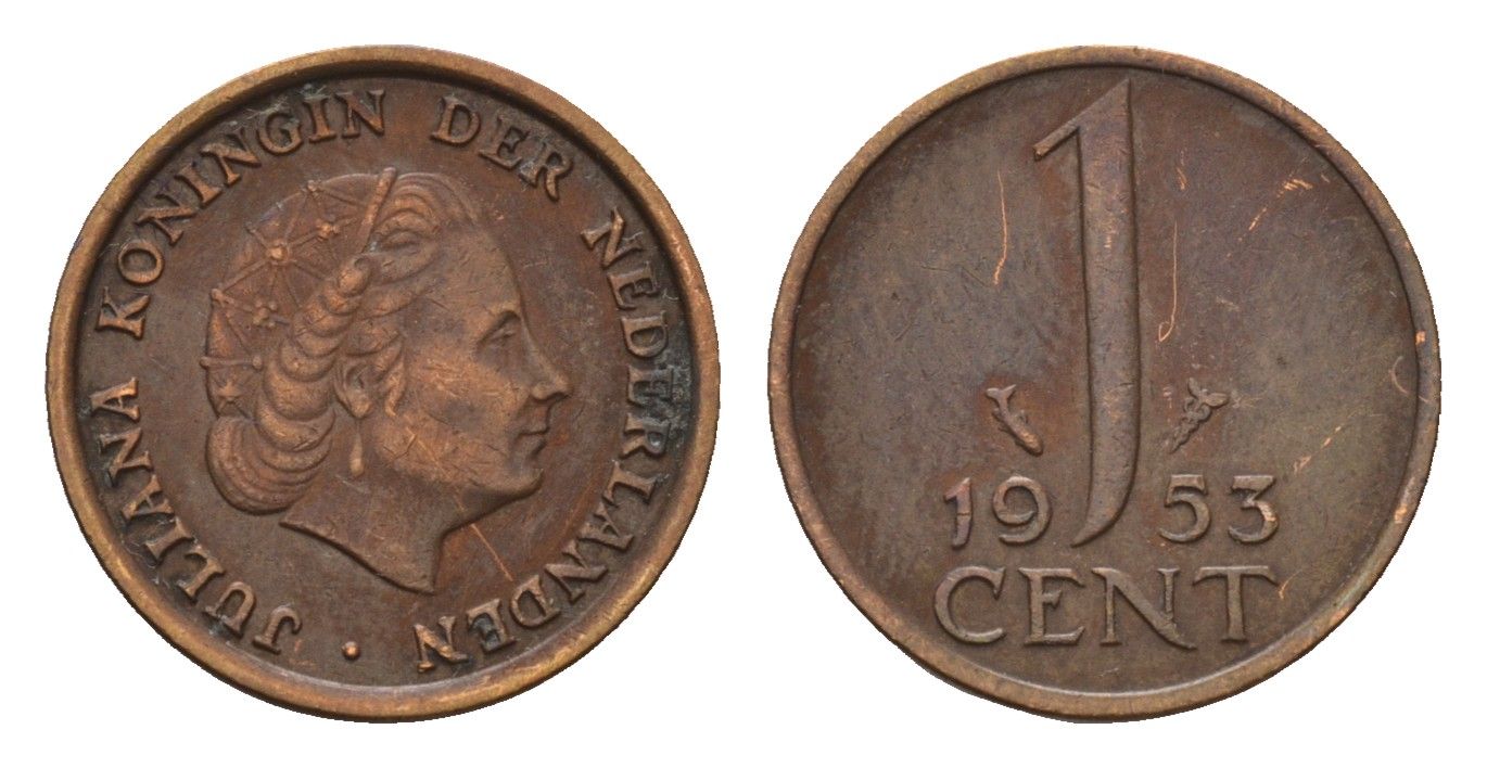 Нидерланды 1 цент 1953 Юлиана (1948-1980) KM 180 бронза 192-1025