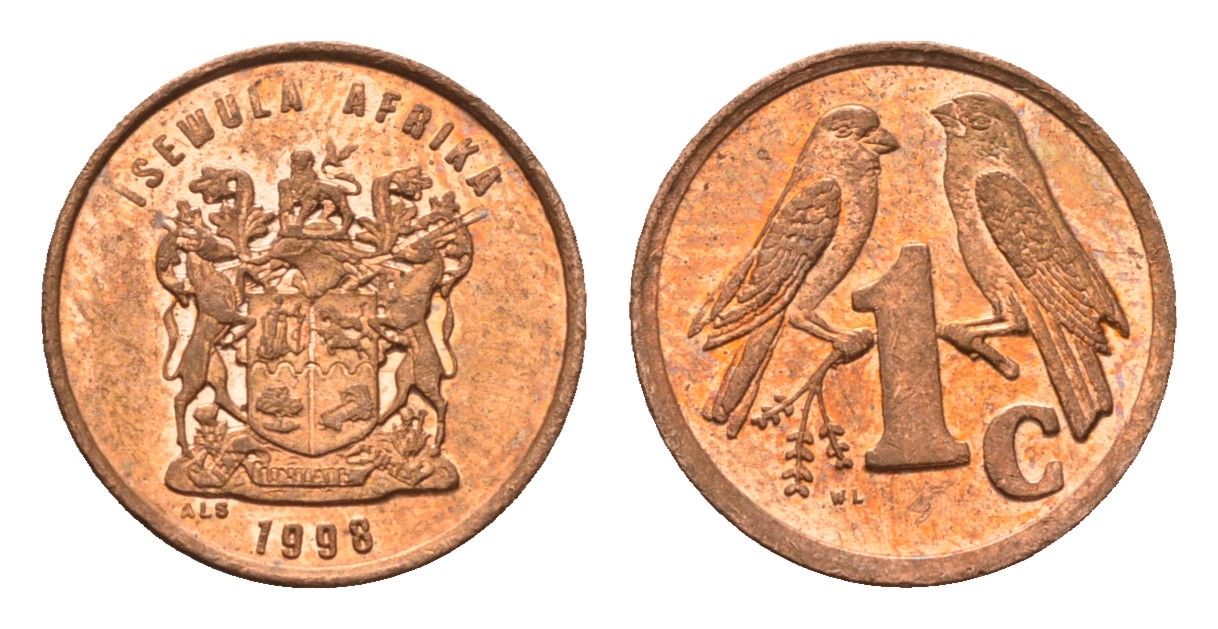 ЮАР 1 цент 1998 герб, капские воробьи KM 170 сталь плакированная медью UNC 4694-235