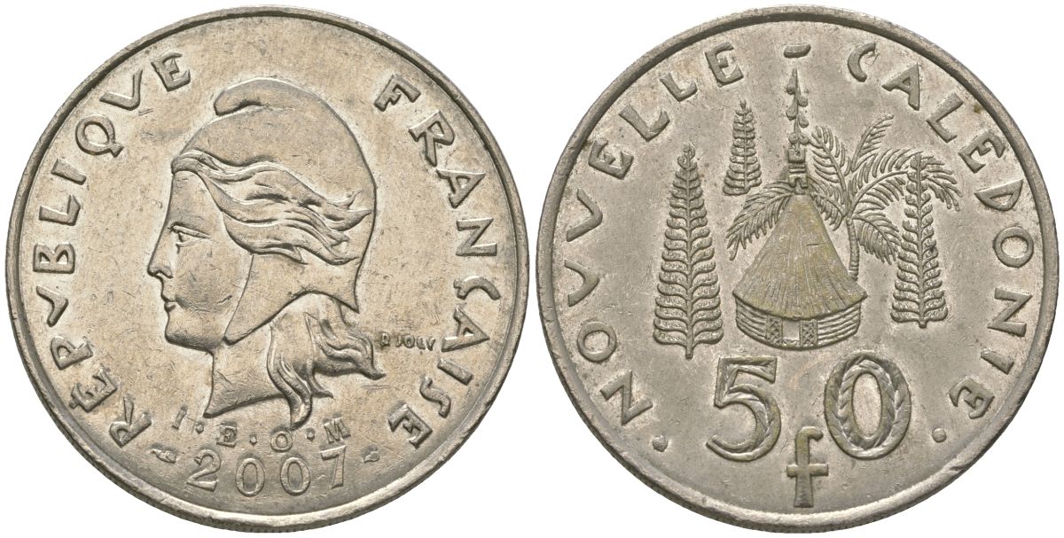 Французская Новая Каледония 50 франков 2007 хижина среди сосен и пальм, (IEOM) KM 13a, Schoen 15a, Lec 128i медно-никель 114-211
