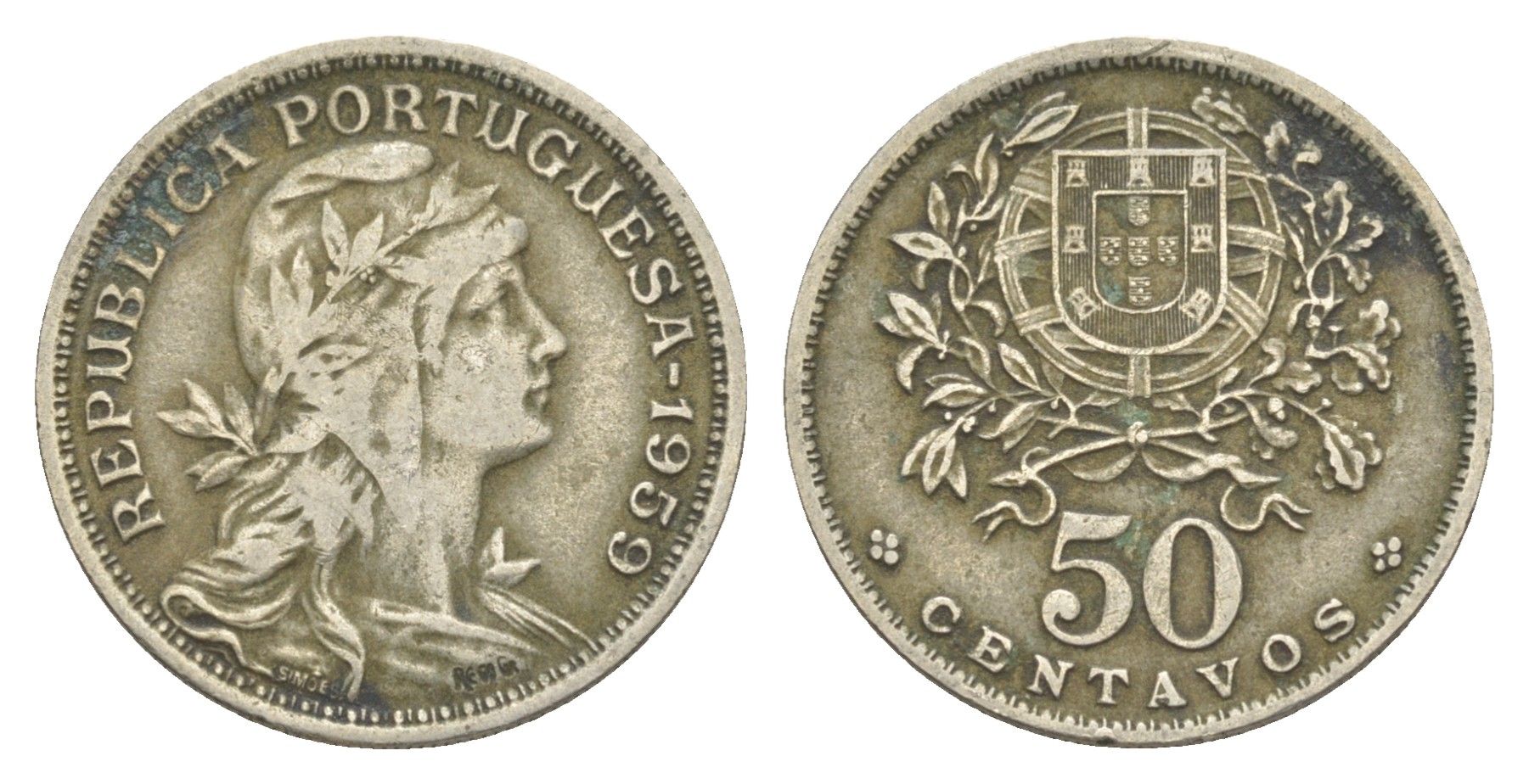 Португалия 50 сентаво 1959 голова Свободы вправо KM 577 никель латунь 4388-251