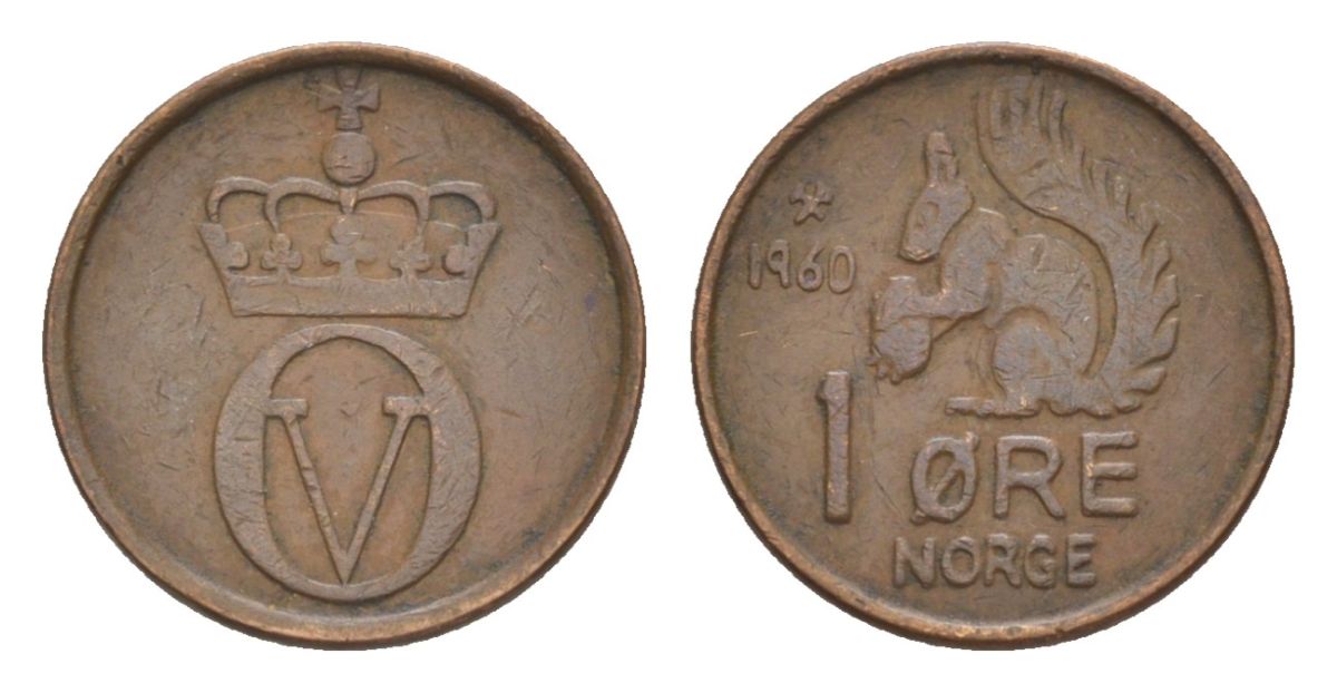 Норвегия 1 эре 1960 Улаф V (1957-1991) KM 403 бронза 4632-1112