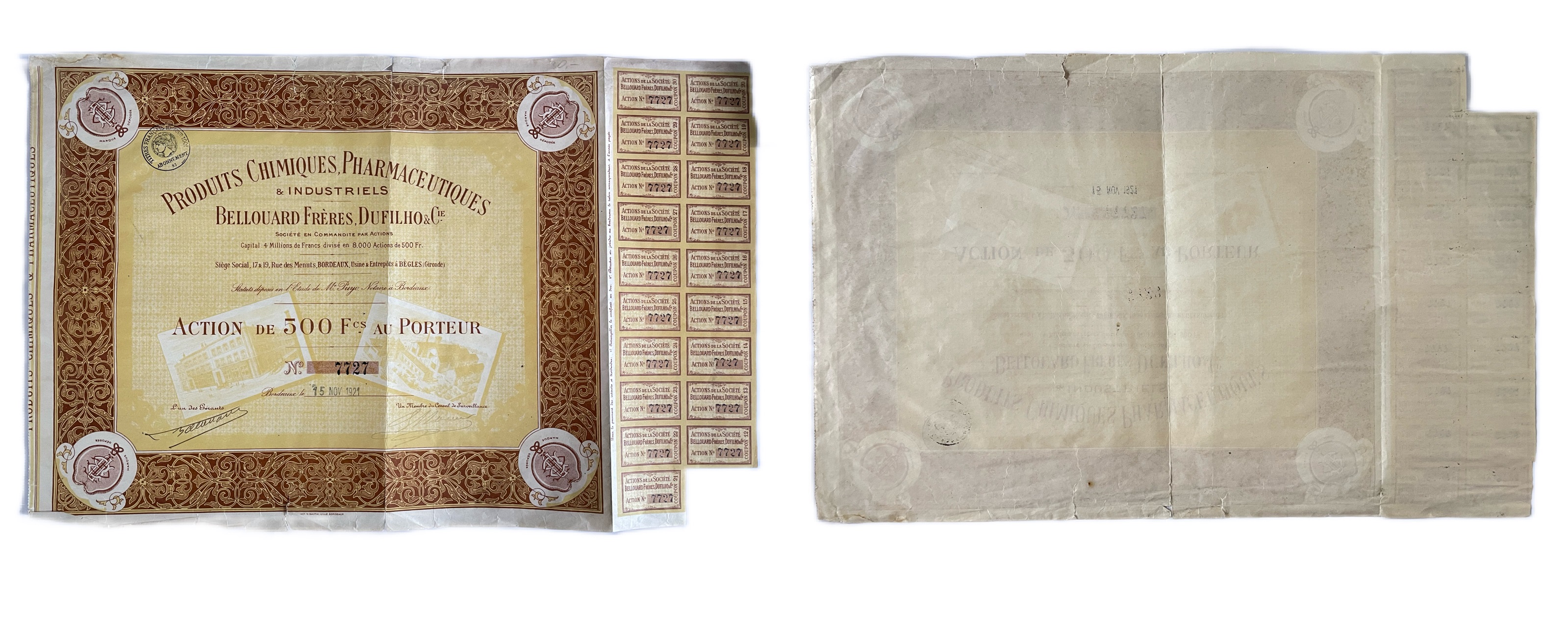 Франция, Produits Chimiques, Pharmaceutiques & Industriels Bellouard Freres, Dufilho & Cie акция в 500 франков 1921 19 купонов бумага 5554-23-1-2