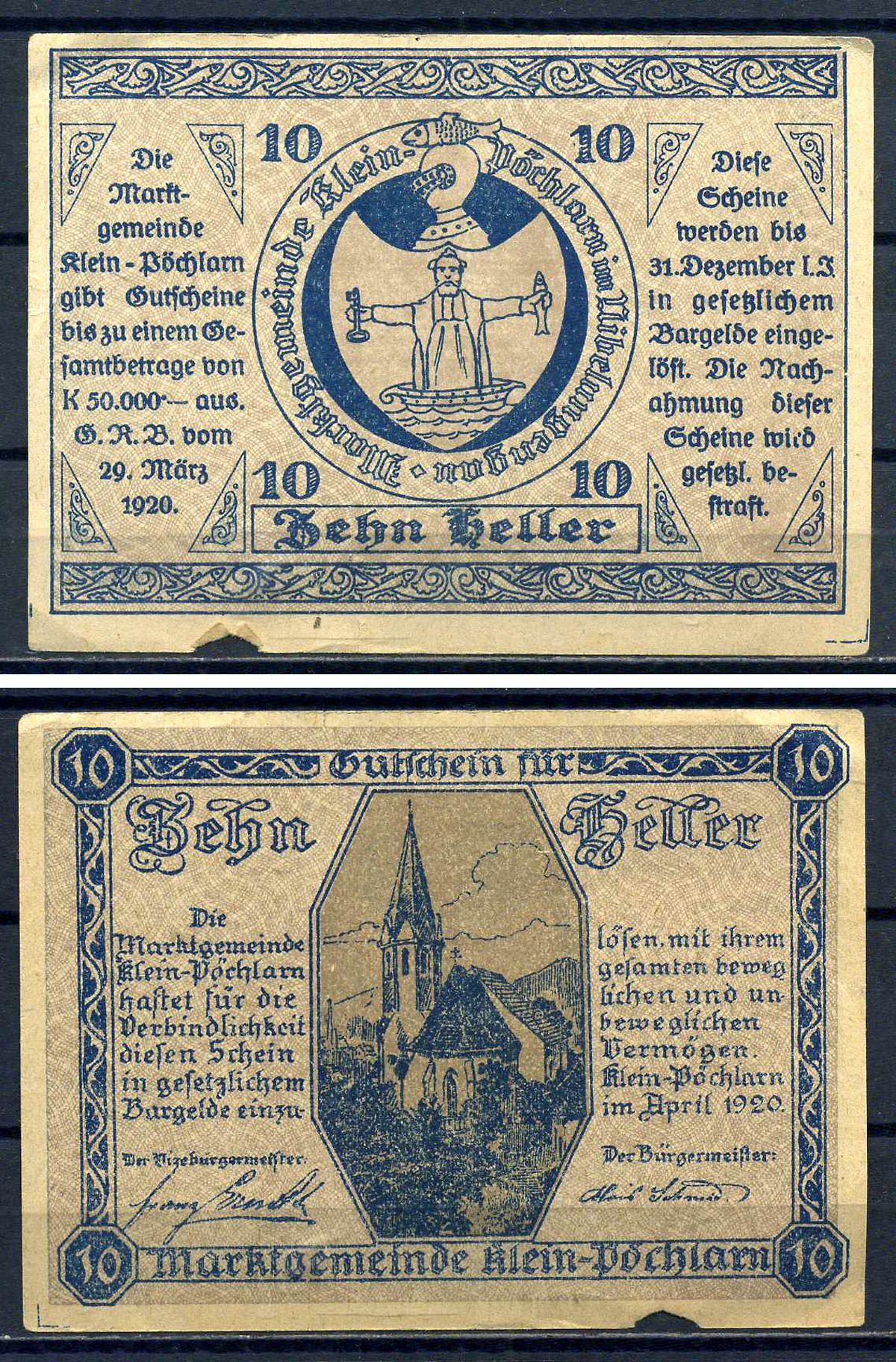 Клайн-Пёхларн (Австрия) 10 геллеров 1920 Jaksc/Pick?JPR0457c-10 бумага 7556-25-4-2