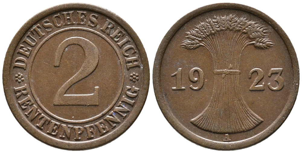 ГЕРМАНИЯ 2 РЕНТЕНПФЕННИГА 1923 A KM 31, J. 307 бронза 24-437