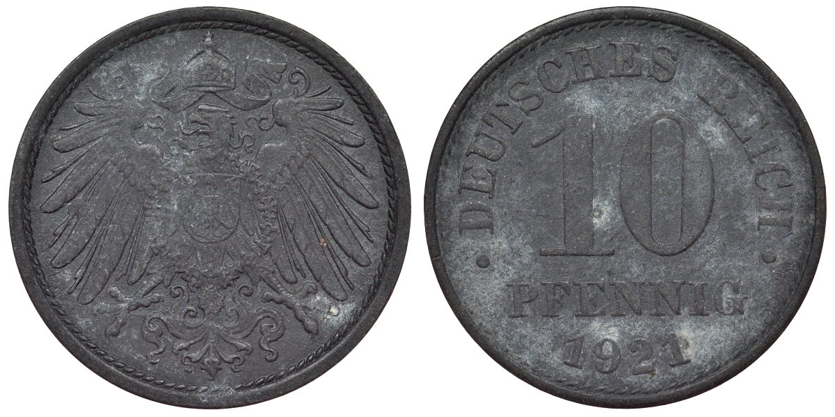 Германия 10 пфеннигов 1921 KM 26, J. 299, Weege 8 цинк 4119-352