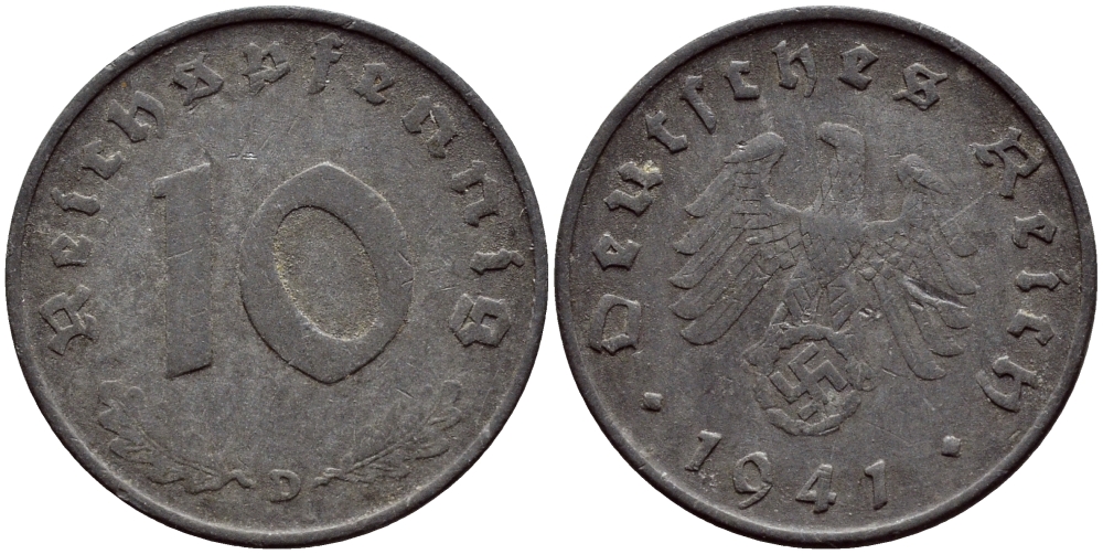 ГЕРМАНИЯ 10 РЕЙХСПФЕННИГОВ 1941 D КМ 101 J.371 цинк 4391-937