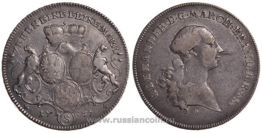 Бранденбург-Ансбах 1 талер 1767 G/S-KK, Карл Александр (маркграф Бранденбург-Ансбаха) KM 280, Dav. 1998 серебро 00-814-53