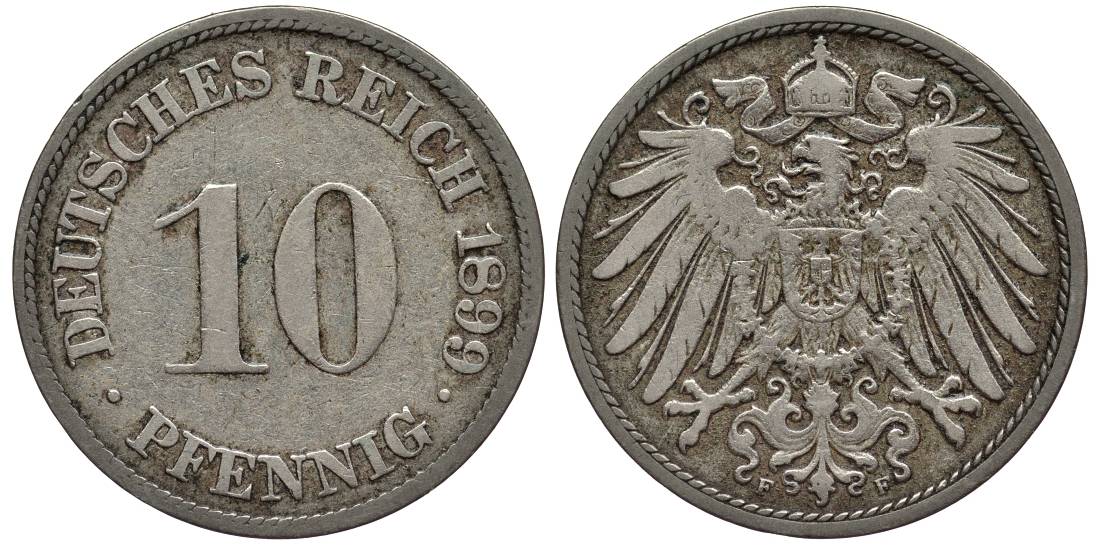 Германия 10 пфеннигов 1899 F KM 12, Jager 13, Weege 8 медно-никель 219-323