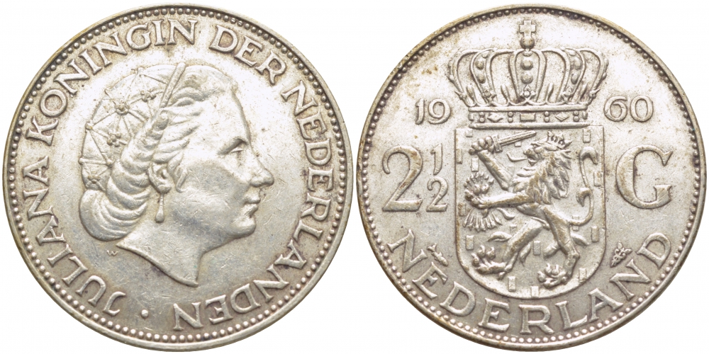 Нидерланды 2 1/2 гульдена 1960 Юлиана (1948-1980) KM 185 серебро 114-525