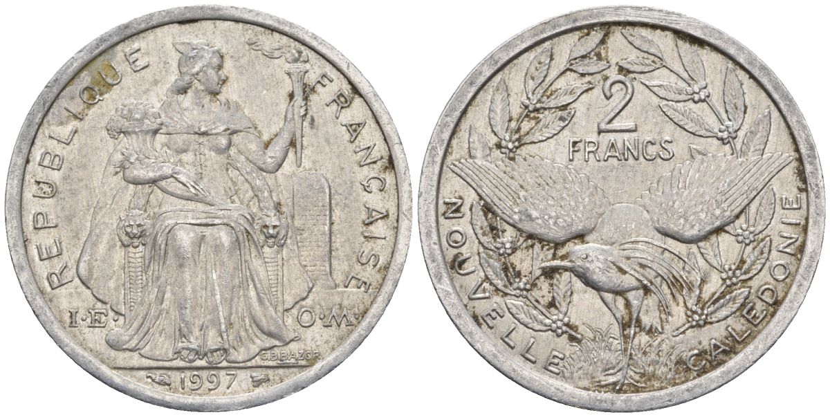 Французская Новая Каледония 2 франка 1997 птица кагу, (IEOM) KM 14, Schoen 11, Lec 68b алюминий    28-316