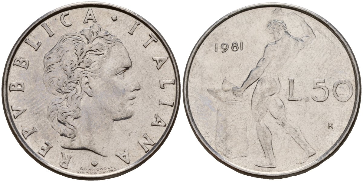 Италия 50 лир 1981 R, бог Вулкан у наковальни KM 95.1 нержавеющая сталь 4156-742