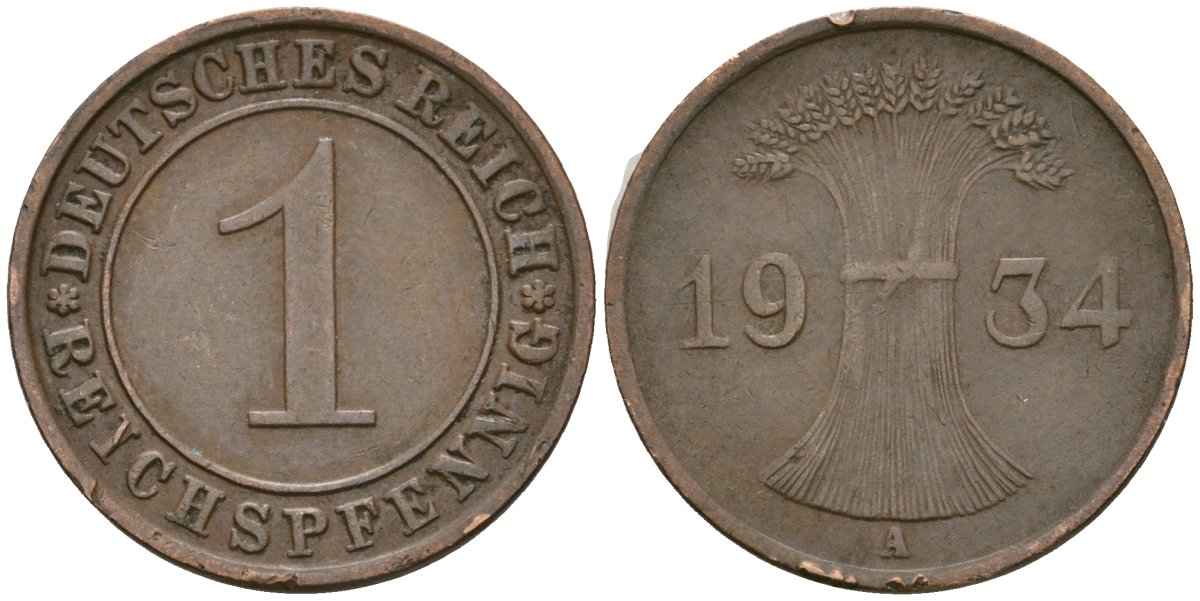 Германия 1 рейхспфенниг 1934 A KM 37, J. 313 бронза 4189-1252