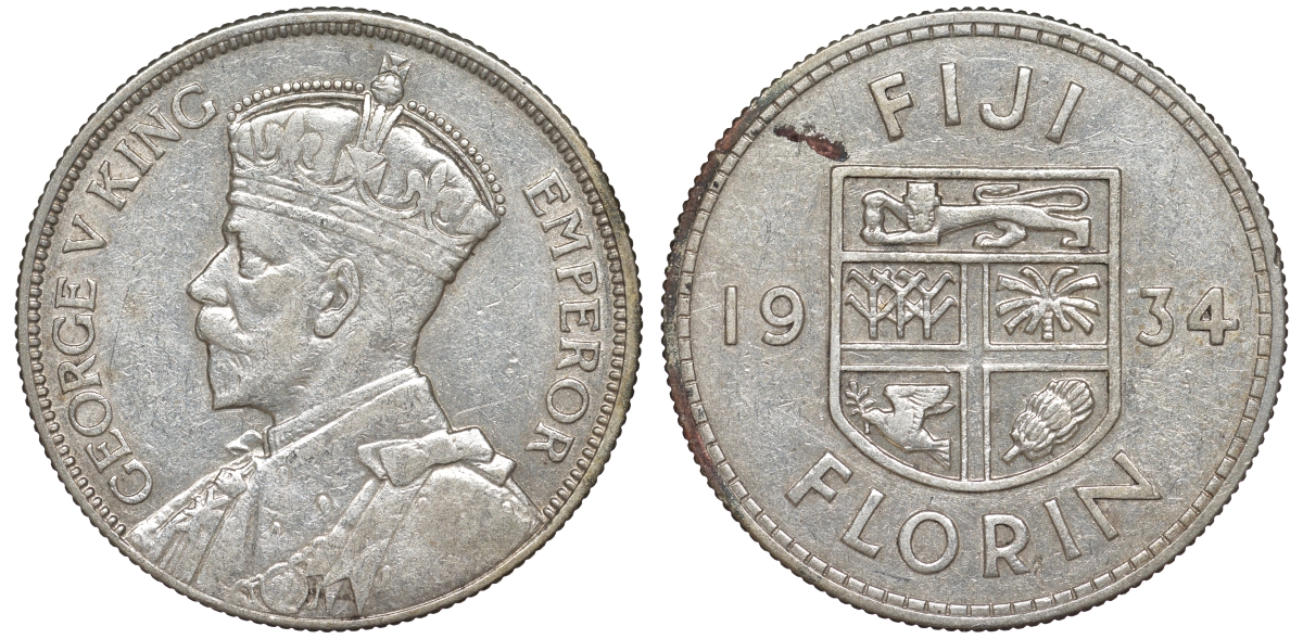 Фиджи 1 флорин 1934 Георг V (1910-1936), герб Фиджи KM 5 серебро 91-1241