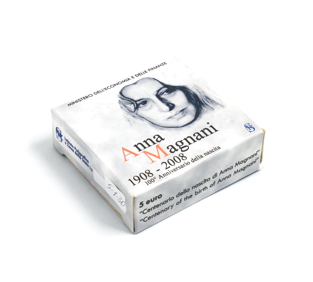 Италия 5 евро 2008 R, 100 лет Анне Маньяни, в оригинальной коробке с сертификатом KM 303 серебро 2-4-2-28