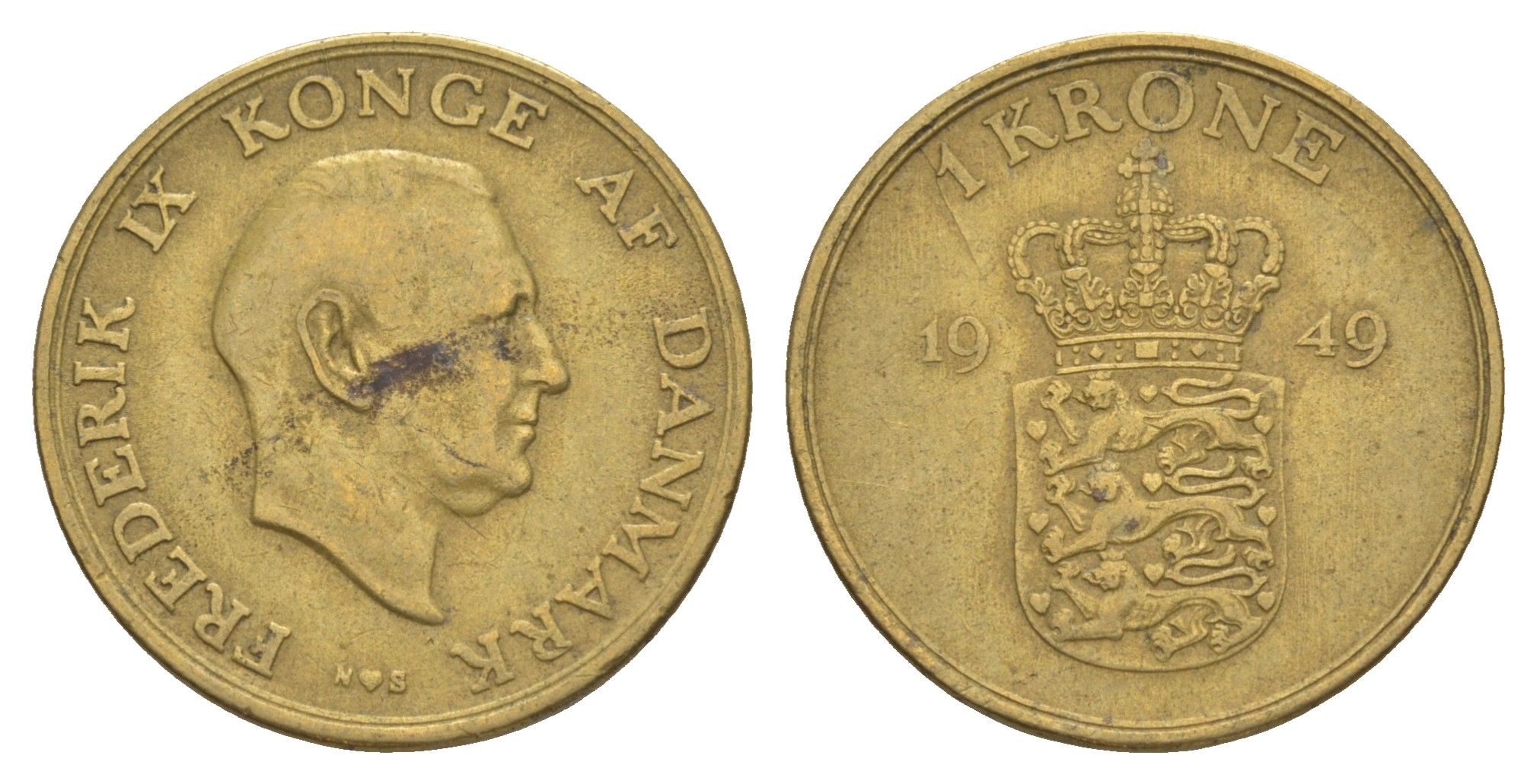 Дания 1 крона 1949 N, Фредерик IX (1947-1972) KM 837 алюминиевая бронза 4638-724