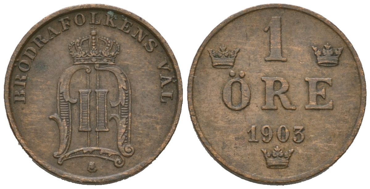 Швеция 1 эре 1903 Оскар II (1872-1907) KM 750 бронза 4611-335