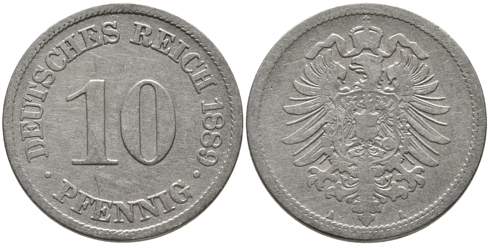 ГЕРМАНИЯ 10 ПФЕННИГОВ 1889 А, СТАРОГЕРБОВКА KM 4, J.4 медно-никель 96-627